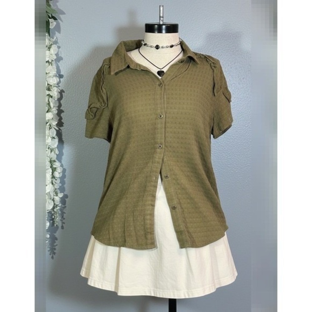 Olive Green Button Down Shirt LARGE Loose Lightweight Summer Fall